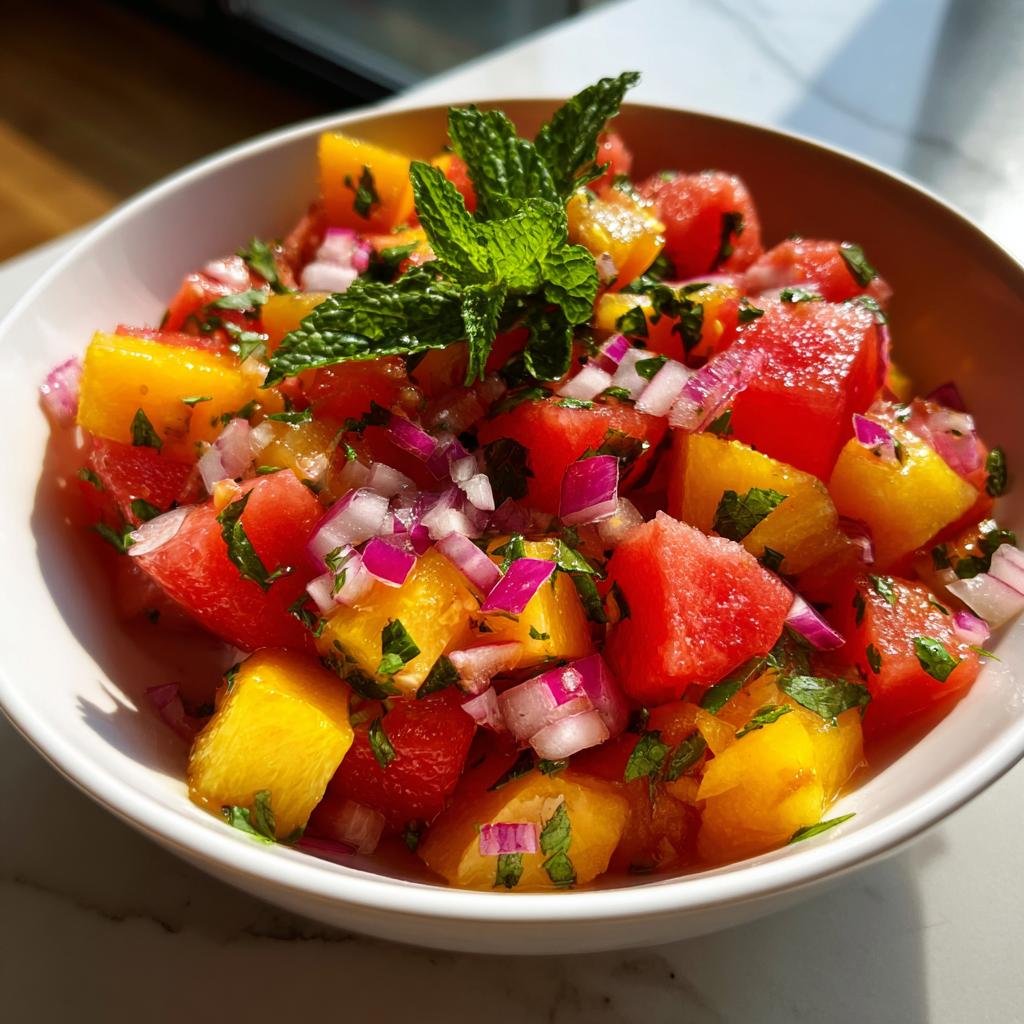 Close-up of Erfrischender Pfirsich-Wassermelonen-Salat in a white bowl, garnished with mint.