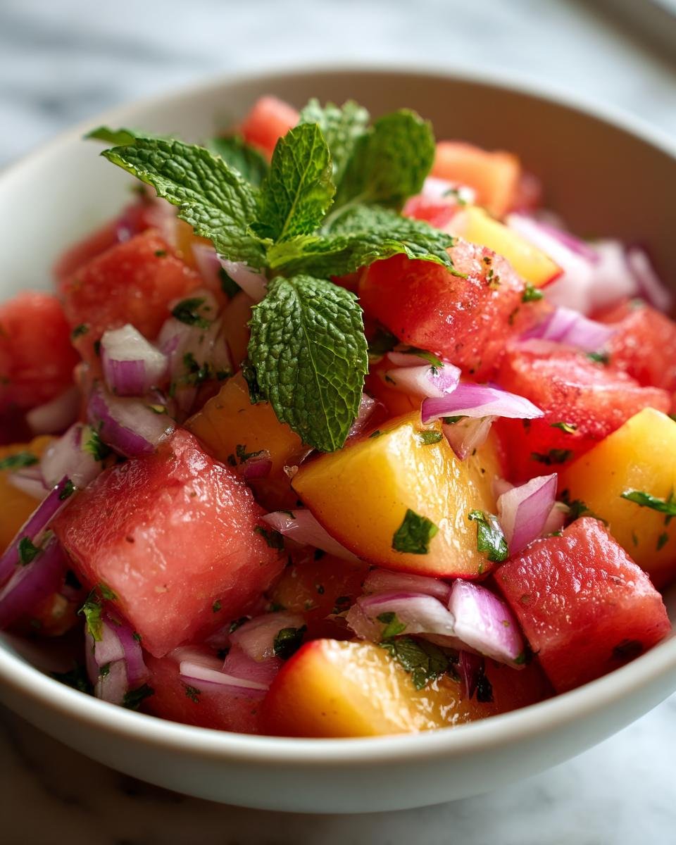 Close-up of Erfrischender Pfirsich-Wassermelonen-Salat with mint, red onion and herbs in a white bowl.