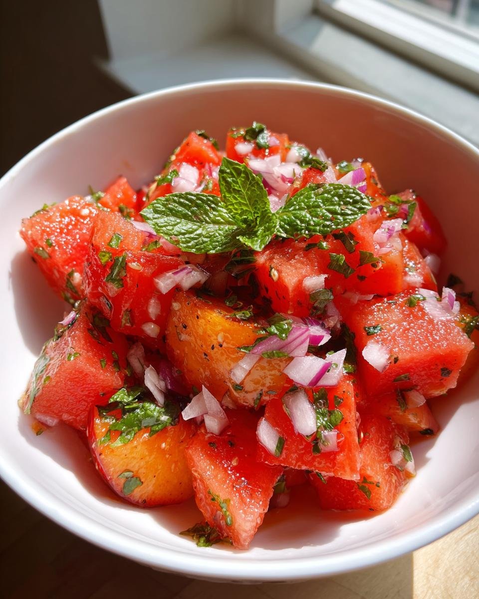 Nahaufnahme eines Erfrischender Pfirsich-Wassermelonen-Salat, garniert mit Minze und roten Zwiebeln.