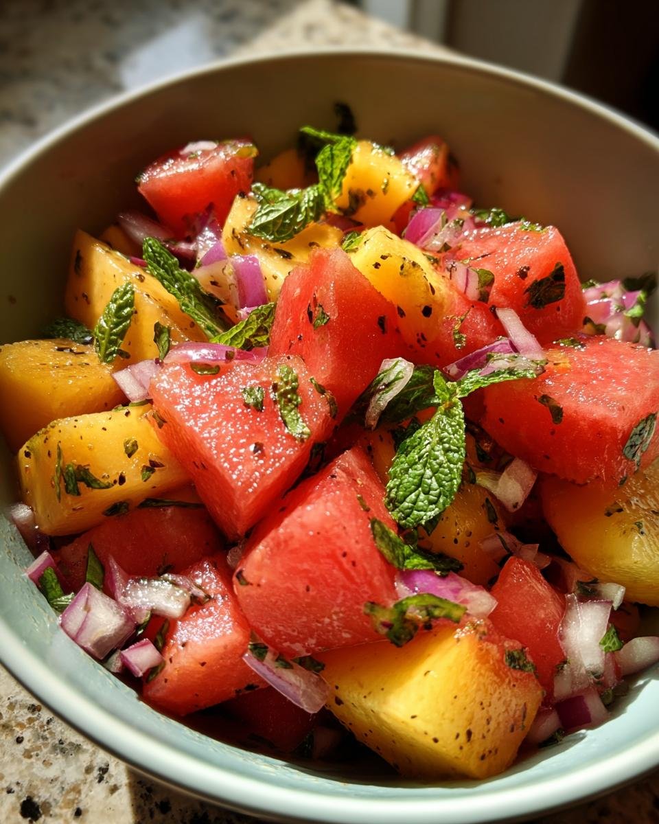 Close-up of Erfrischender Pfirsich-Wassermelonen-Salat with mint and red onion in a bowl.