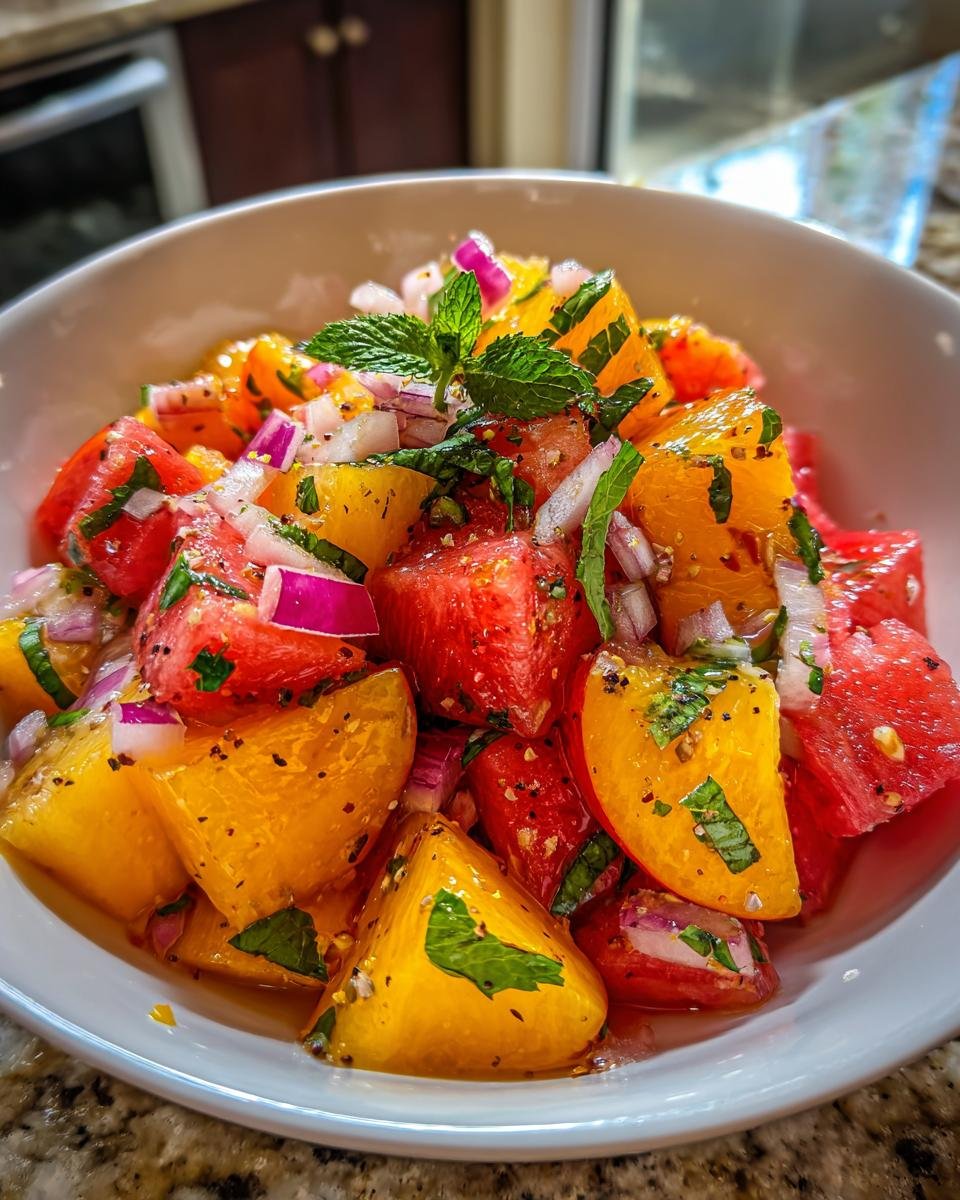 Bowl of Erfrischender Pfirsich-Wassermelonen-Salat with peaches, watermelon, red onion, and mint.