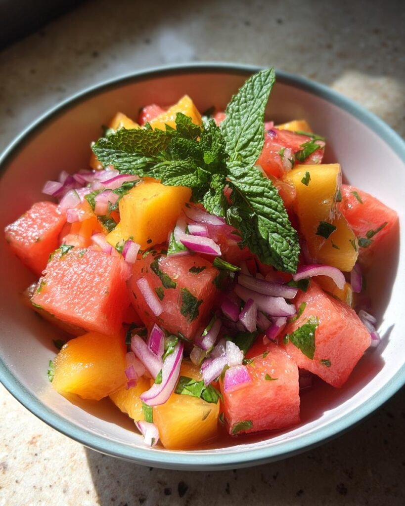 Nahaufnahme von Erfrischender Pfirsich-Wassermelonen-Salat mit Minze und roten Zwiebeln in einer Schüssel.