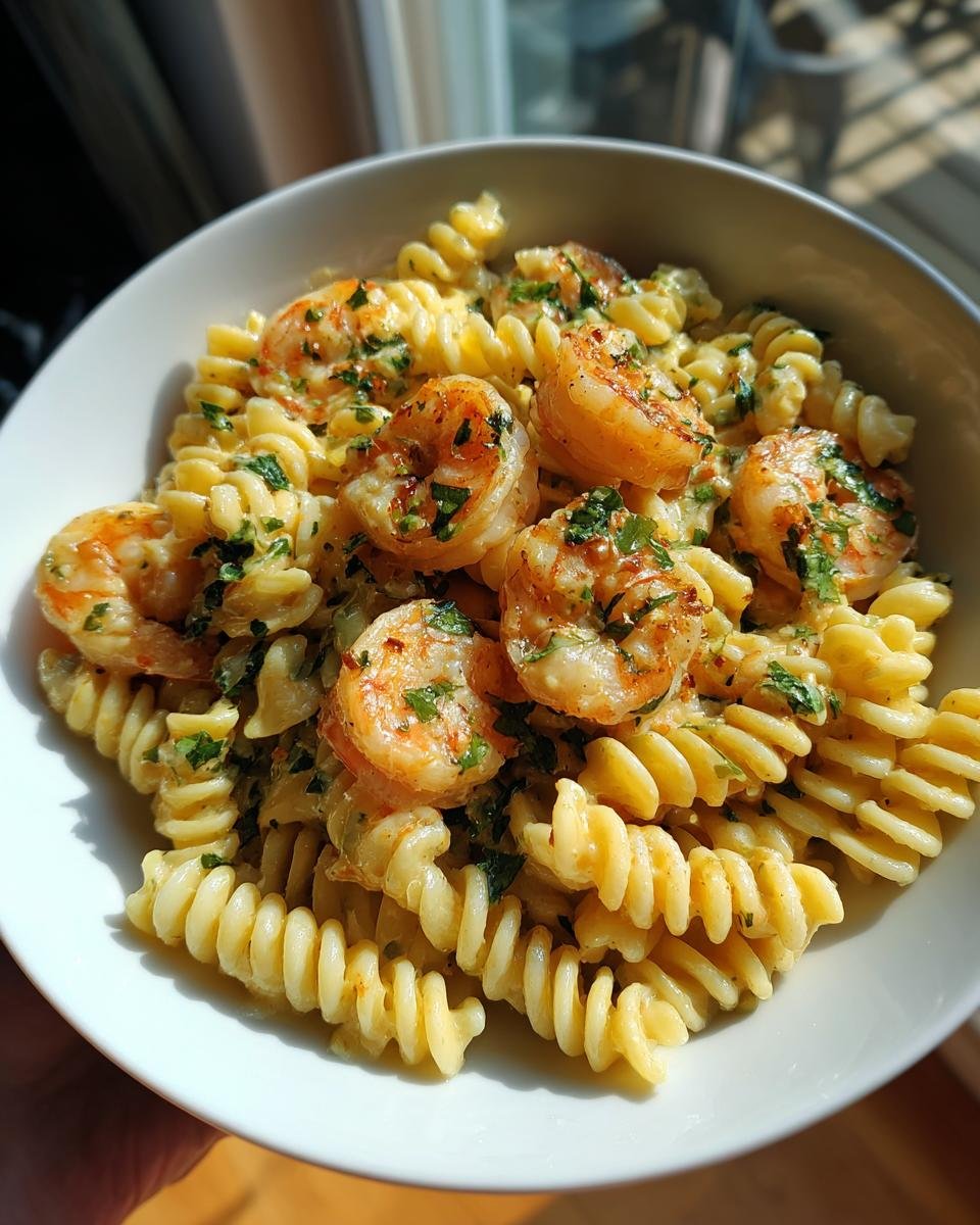 Close-up of Fusilli mit Garnelen: Cremiger 25-Minuten-Traum mit Knoblauch-Sahne-Sauce in a white bowl, garnished with herbs.