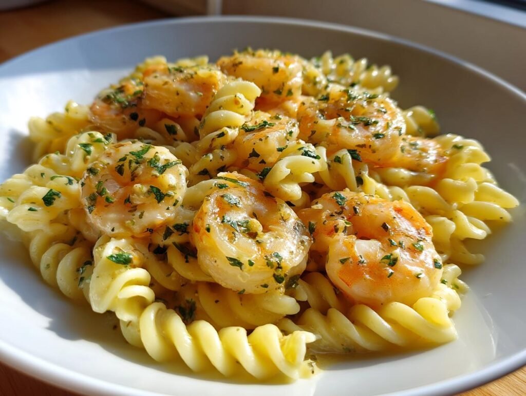 Fusilli mit Garnelen, topped with parsley, in a creamy garlic sauce. Delicious and easy recipe.