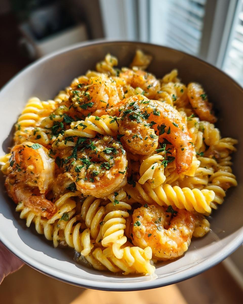 Bowl of Fusilli mit Garnelen, featuring creamy garlic-cream sauce and fresh herbs.