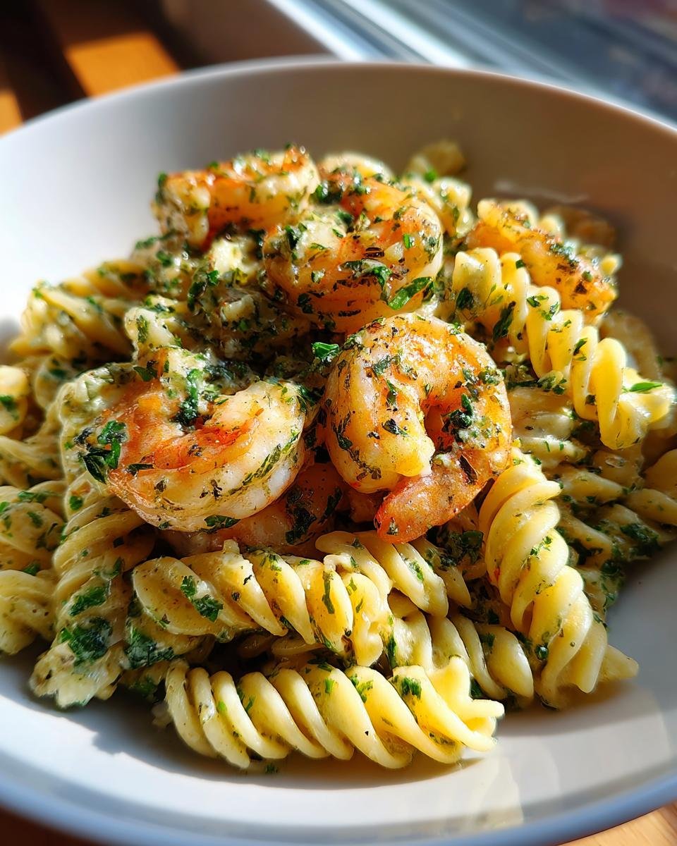 Close-up of Fusilli mit Garnelen: Cremiger 25-Minuten-Traum mit Knoblauch-Sahne-Sauce, garnished with fresh herbs.