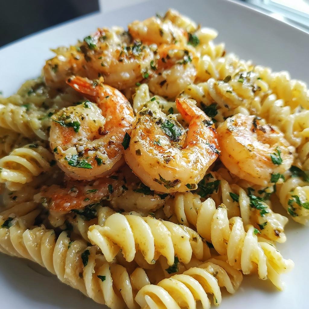 Close-up of Fusilli mit Garnelen: Cremiger 25-Minuten-Traum mit Knoblauch-Sahne-Sauce, garnished with fresh herbs.