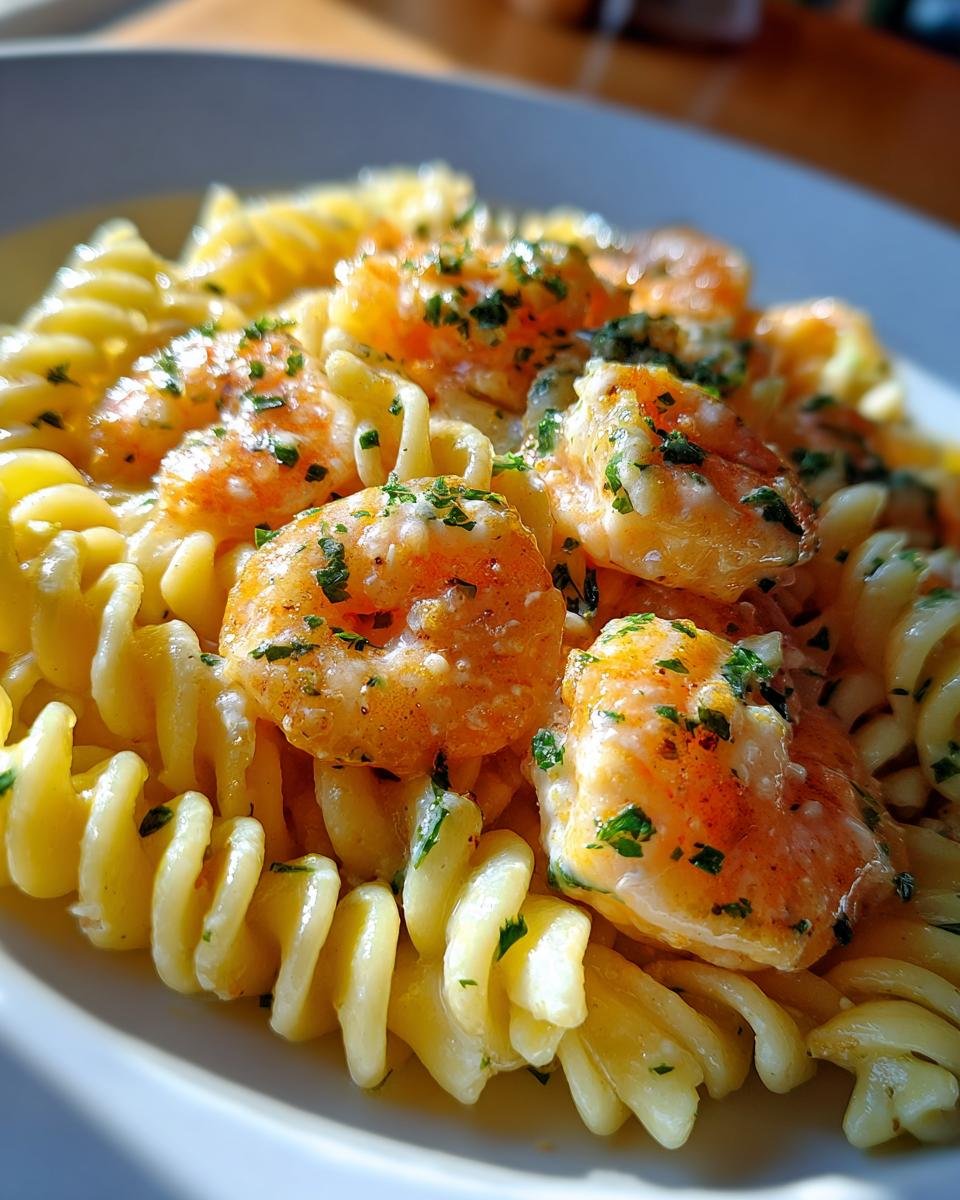Close-up of Fusilli mit Garnelen, a creamy pasta dish with shrimp and garlic-cream sauce, garnished with parsley.