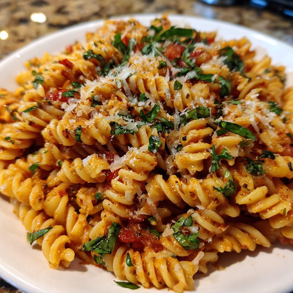 Close-up of Fusilli mit Tomaten-Basilikum-Creme, garnished with basil and parmesan.