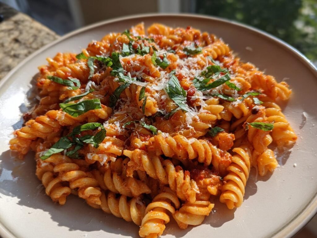 Teller mit Fusilli mit Tomaten-Basilikum-Creme, garniert mit Basilikum und Käse.