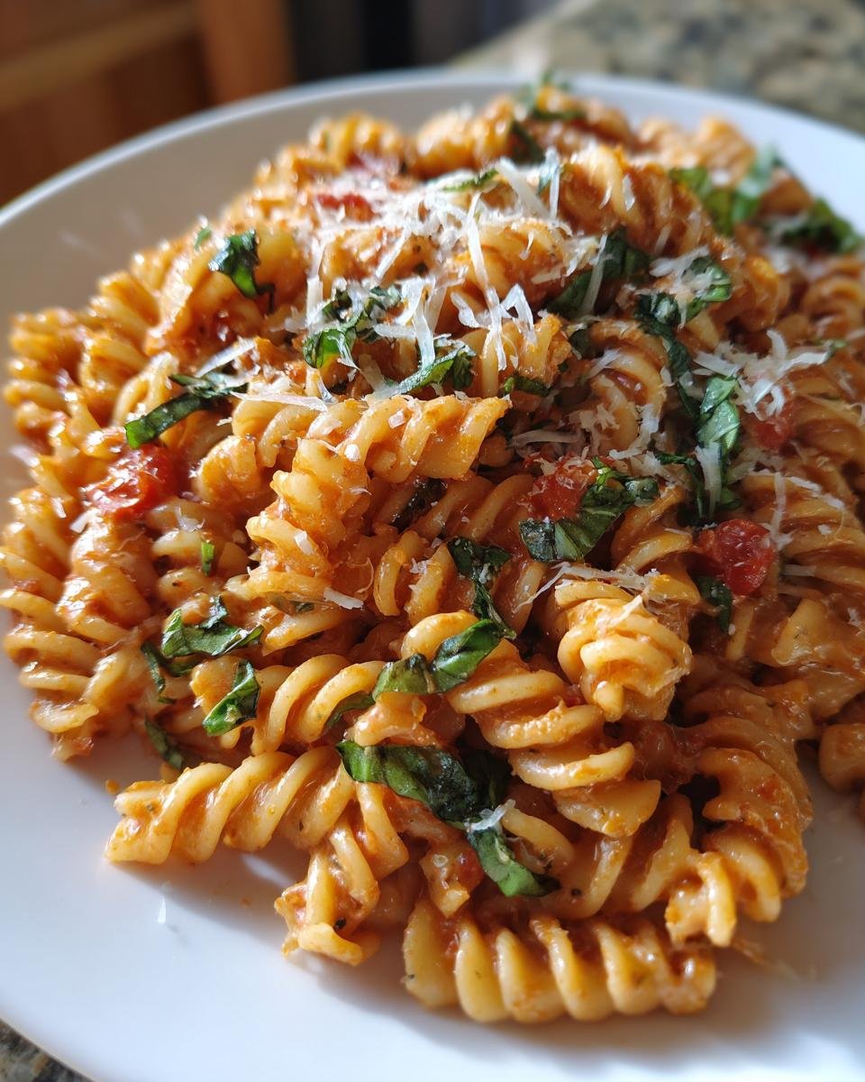 Close-up of Fusilli mit Tomaten-Basilikum-Creme, garnished with basil and parmesan cheese.