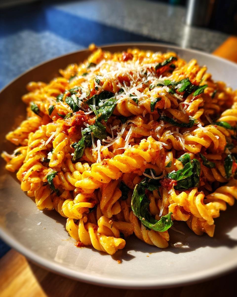 Close-up of Fusilli mit Tomaten-Basilikum-Creme, showcasing the creamy tomato sauce, fresh basil, and parmesan.