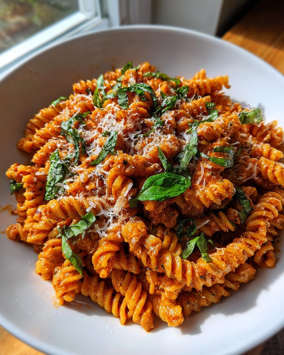 Nahaufnahme von Fusilli mit Tomaten-Basilikum-Creme, garniert mit Basilikum und Käse.