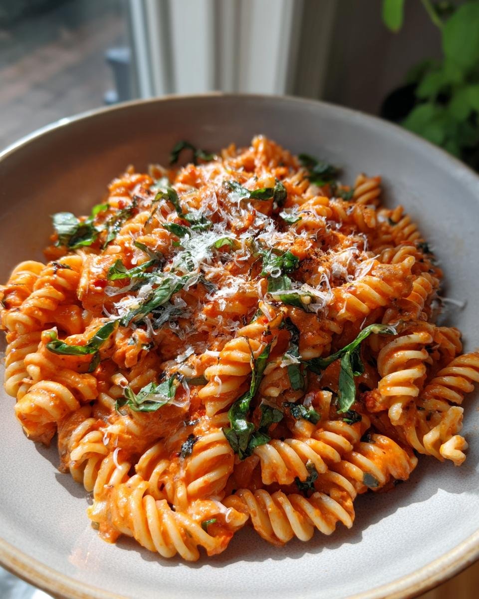 Close-up of Fusilli mit Tomaten-Basilikum-Creme, topped with fresh basil and parmesan cheese.