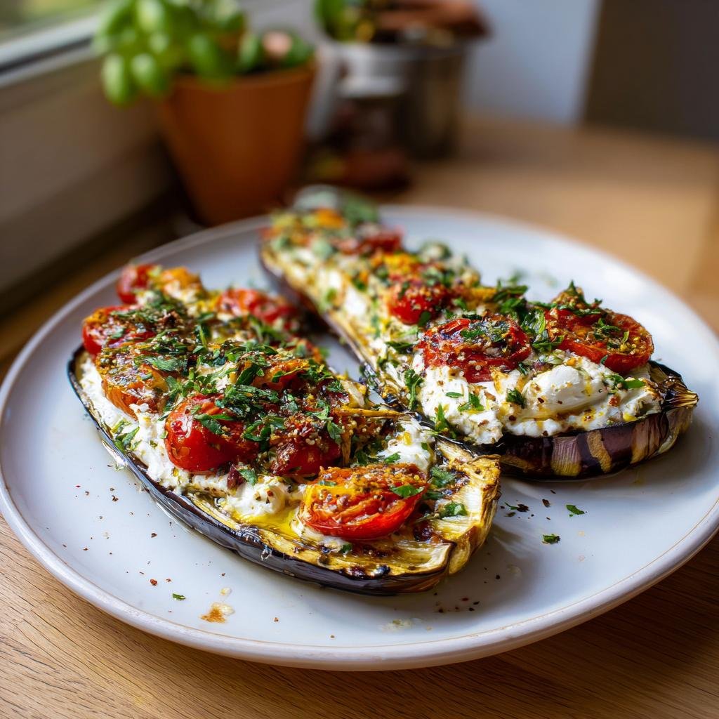 Two halves of Gebackene Auberginen mit Ricotta & Tomaten, garnished with herbs, on a white plate.
