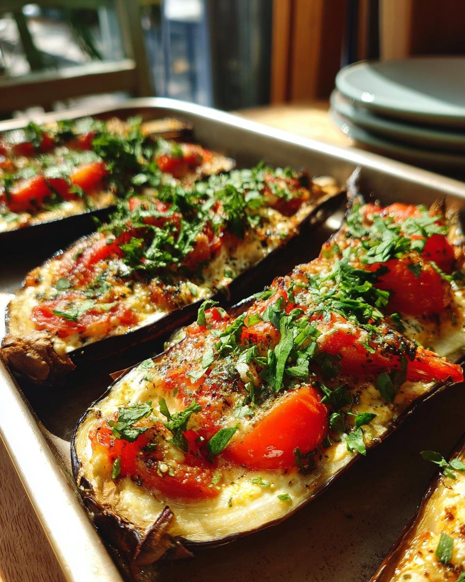 Close-up of Gebackene Auberginen mit Ricotta & Tomaten, a simple Mediterranean recipe with baked eggplant, ricotta, and tomatoes.