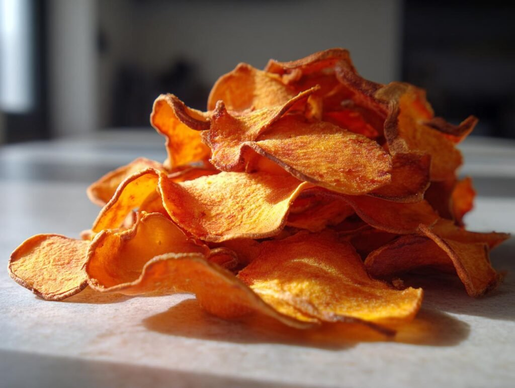 Pile of Gebackene Süßkartoffel-Chips, showcasing their crispy texture and vibrant orange color.
