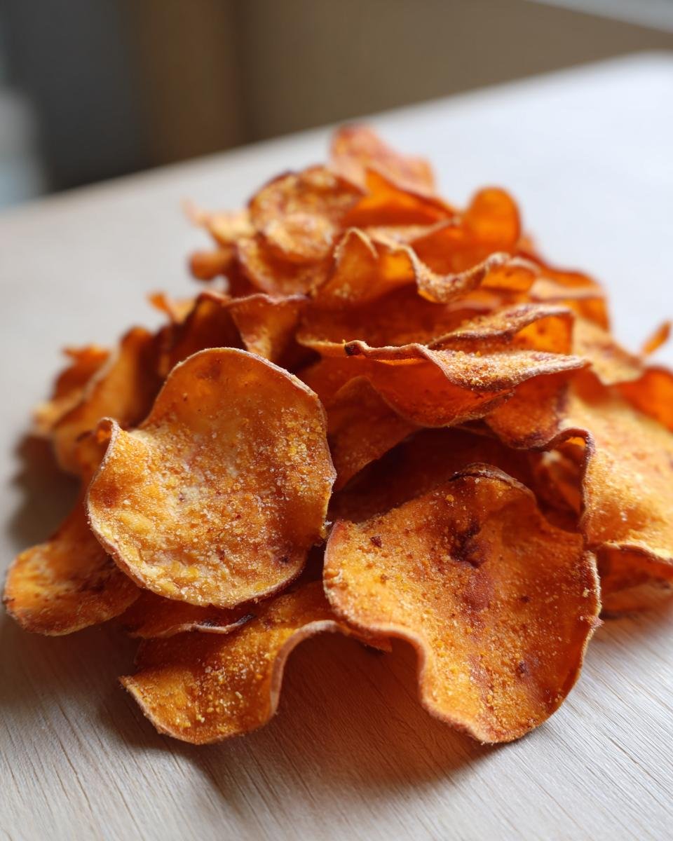 Nahaufnahme von einem Stapel knuspriger, gebackener Gebackene Süßkartoffel-Chips.