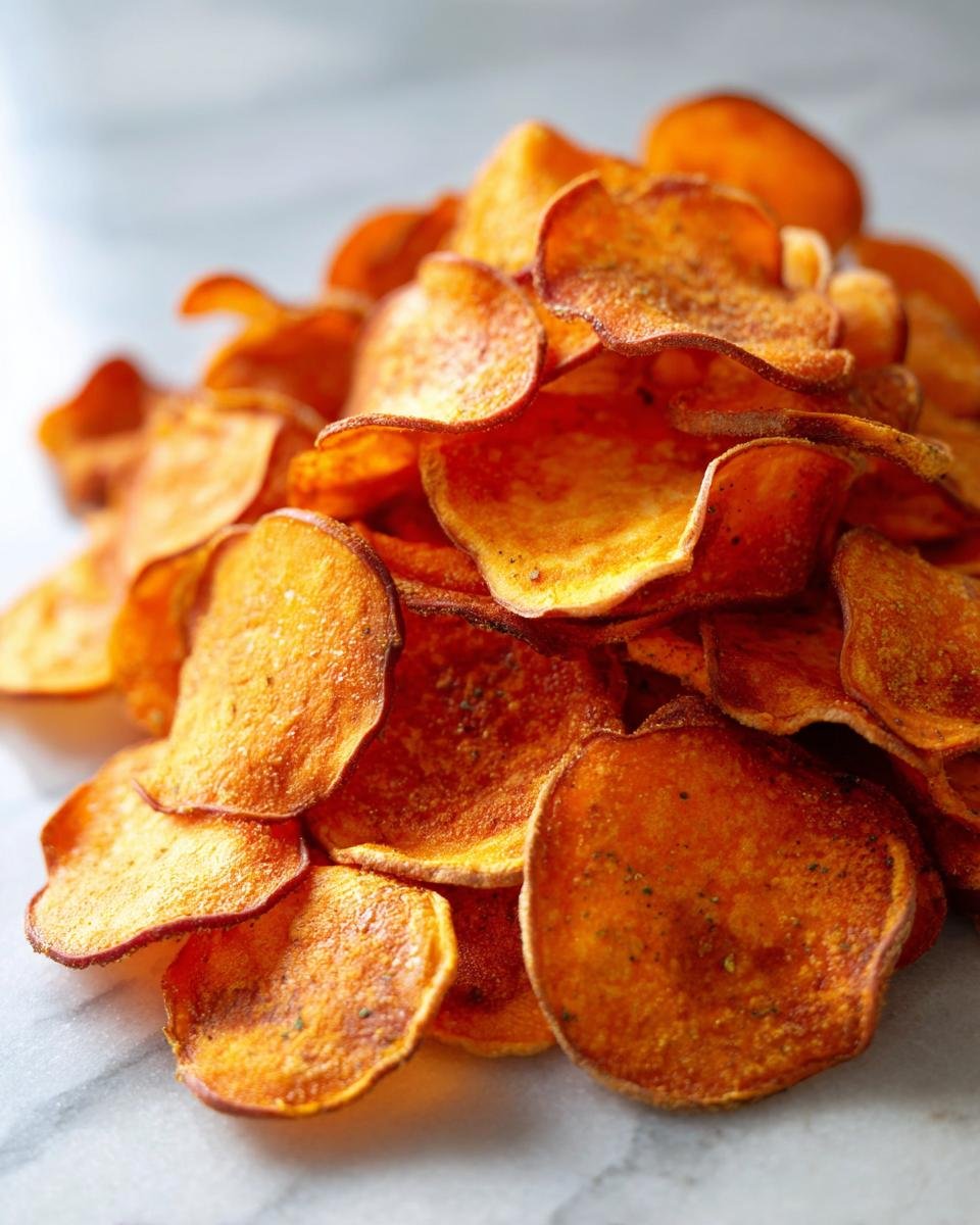 Pile of Gebackene Süßkartoffel-Chips (baked sweet potato chips), showcasing their crispy texture and vibrant orange color.