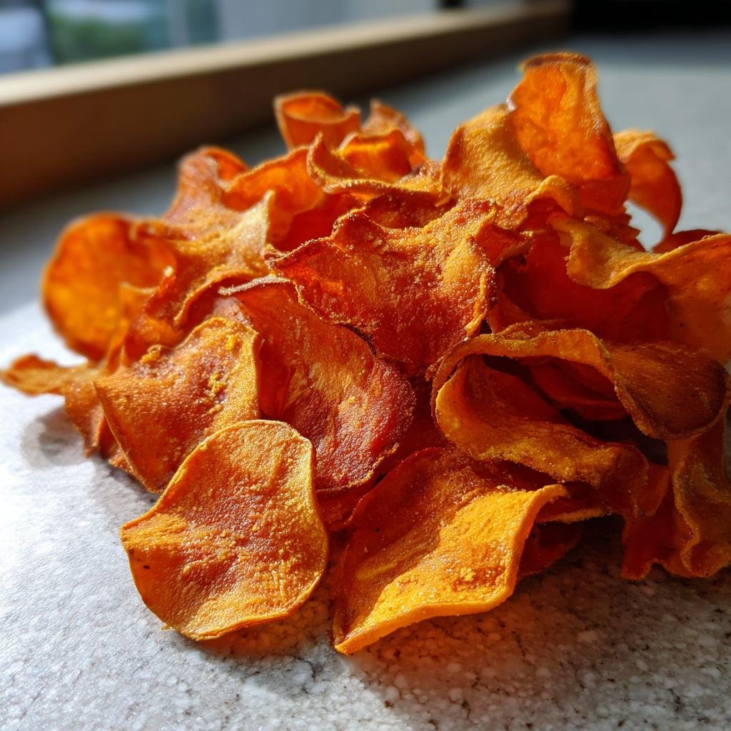 Pile of homemade Gebackene Süßkartoffel-Chips, showcasing their crispy texture and vibrant orange color.