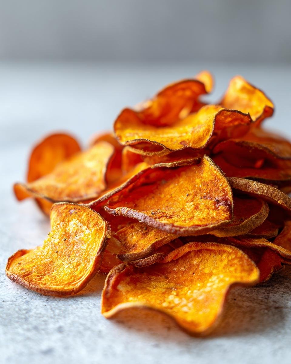 Pile of Gebackene Süßkartoffel-Chips (baked sweet potato chips), crispy and golden brown.