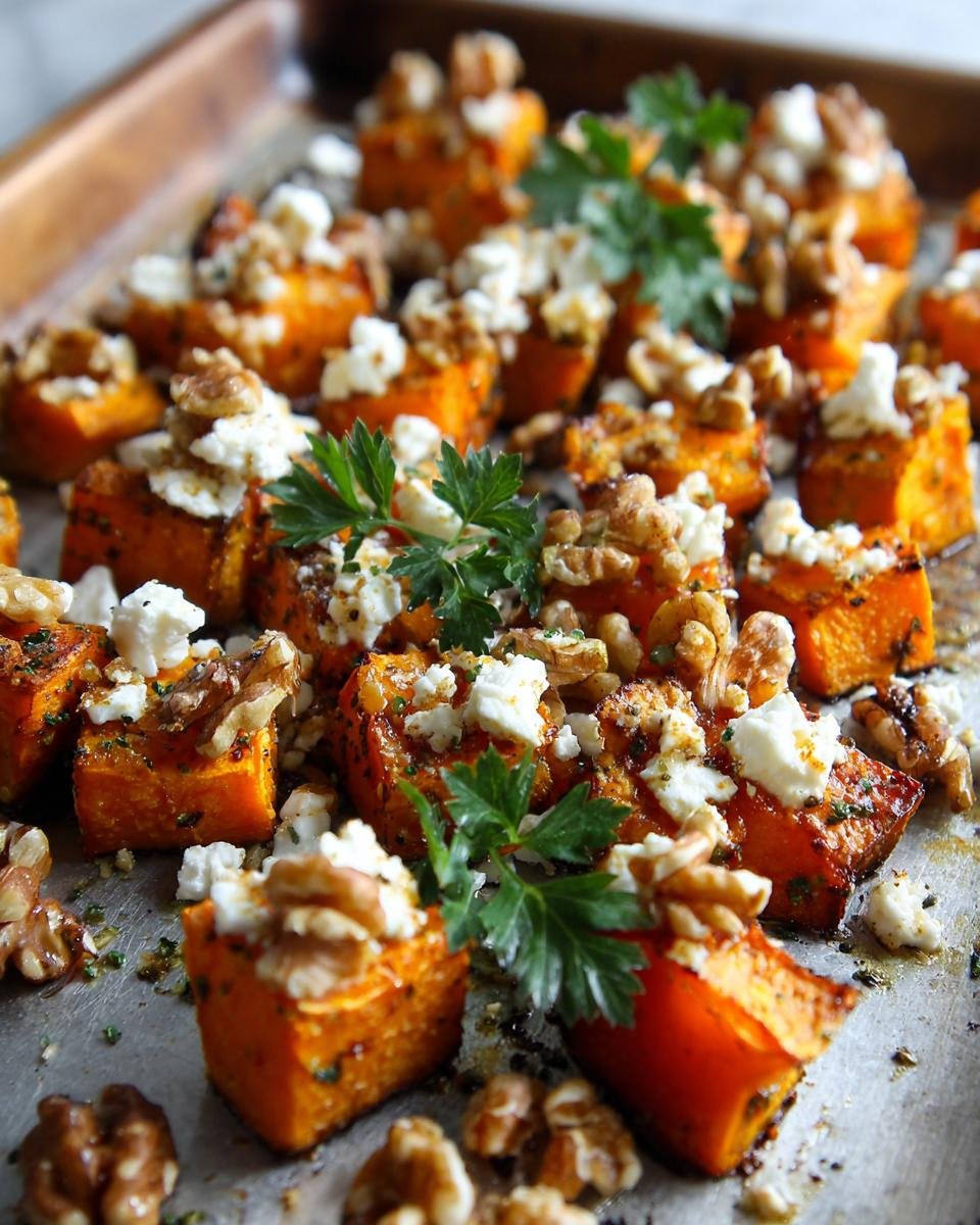 Close-up of Gebackener Kürbis mit Feta & Walnüssen, a creamy autumn dish with roasted pumpkin, feta cheese, and walnuts.