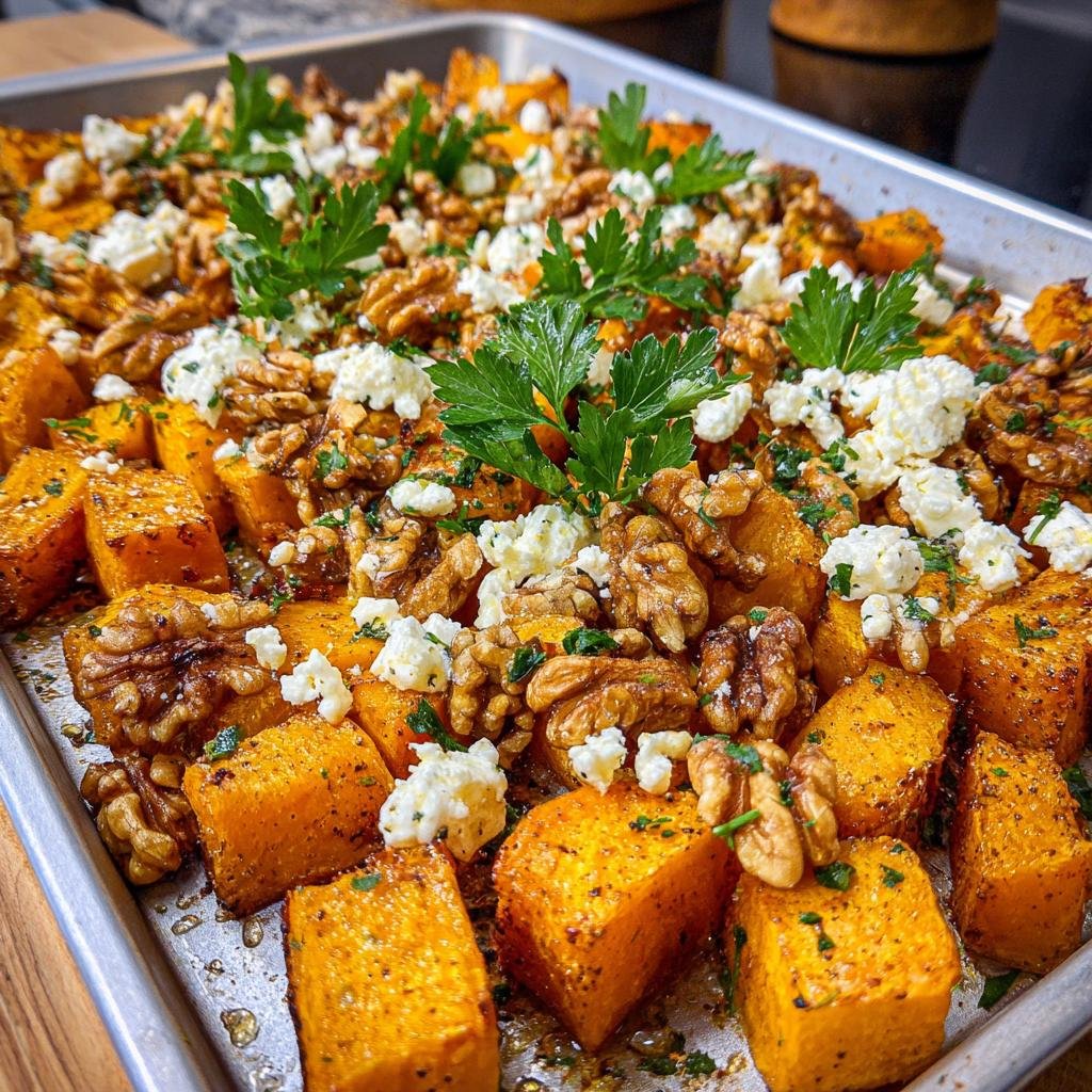 Close-up of Gebackener Kürbis mit Feta & Walnüssen, a creamy autumn dish with roasted pumpkin, feta, and walnuts.