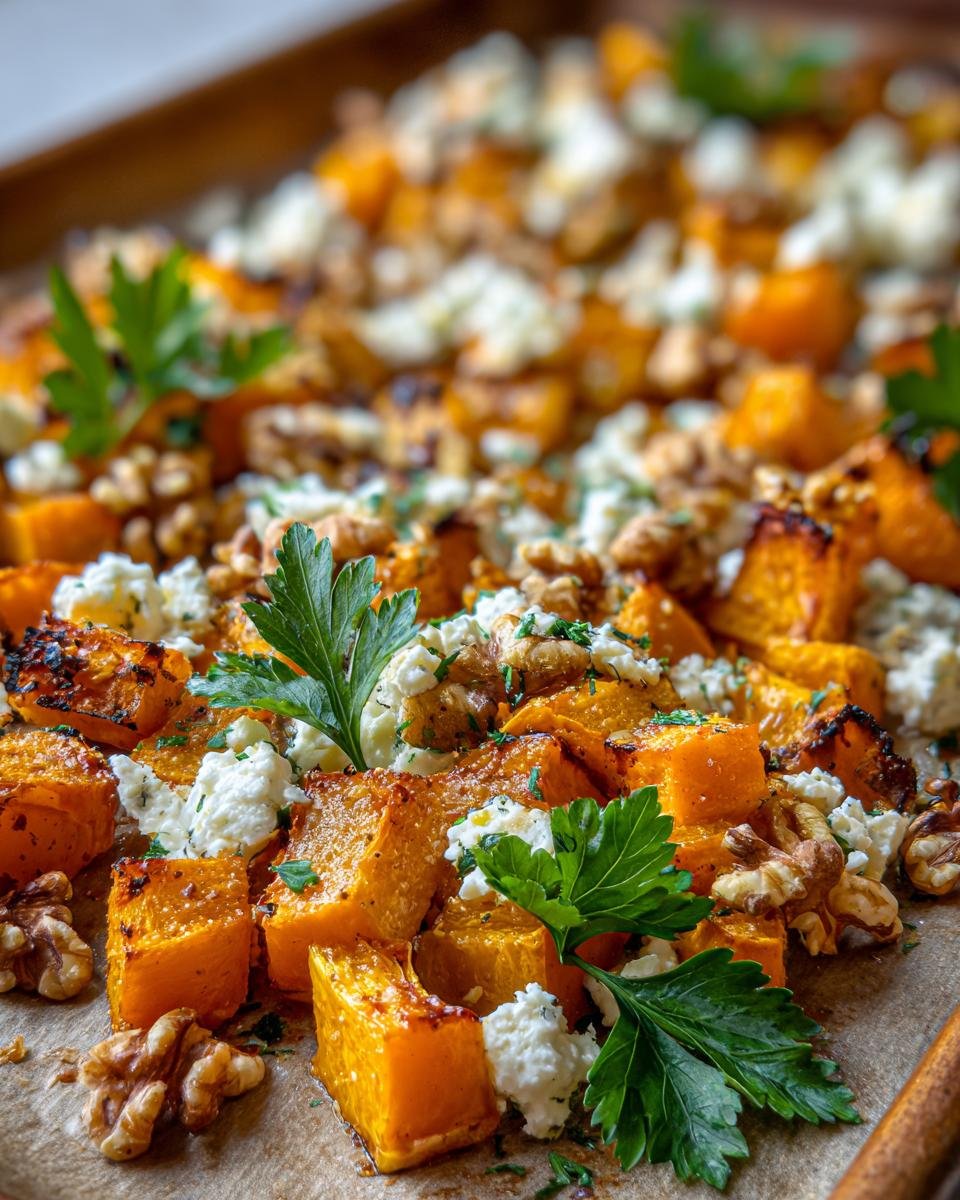 Close-up of Gebackener Kürbis mit Feta & Walnüssen, showing roasted pumpkin, feta cheese, walnuts, and parsley.