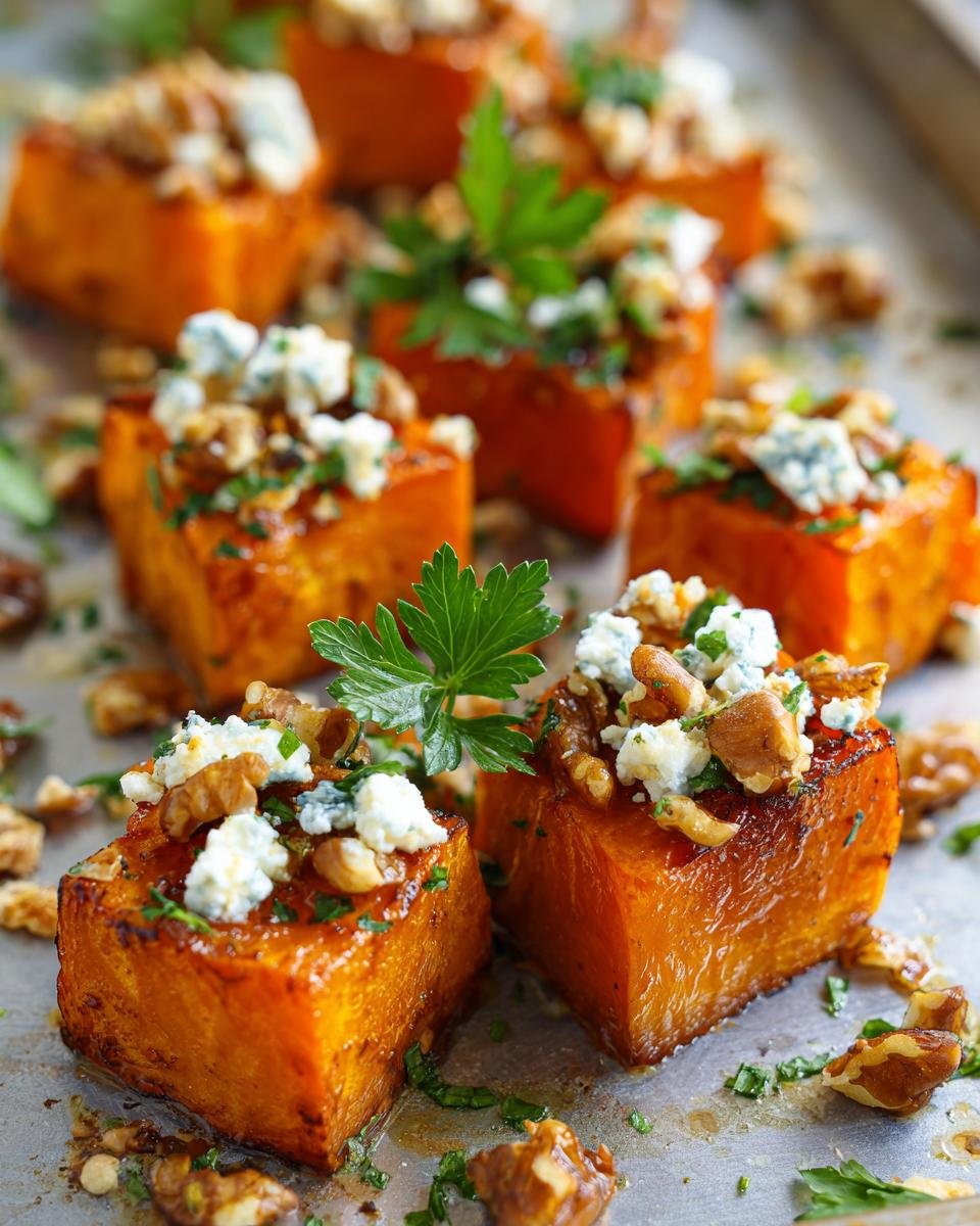 Close-up of Gebackener Kürbis mit Feta & Walnüssen, showing roasted pumpkin topped with feta, walnuts, and parsley.