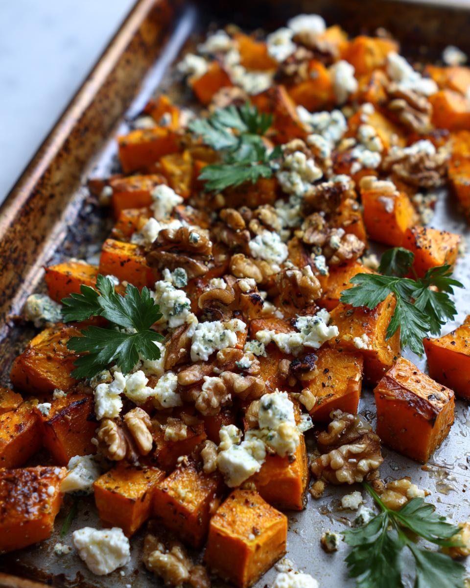 Close-up of Gebackener Kürbis mit Feta & Walnüssen on a baking sheet, garnished with parsley.