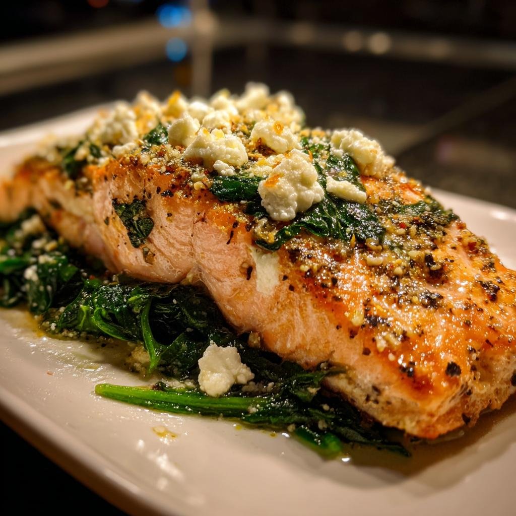 Close-up of Gebackener Lachs mit Spinat & Feta, a baked salmon dish with spinach and feta cheese.