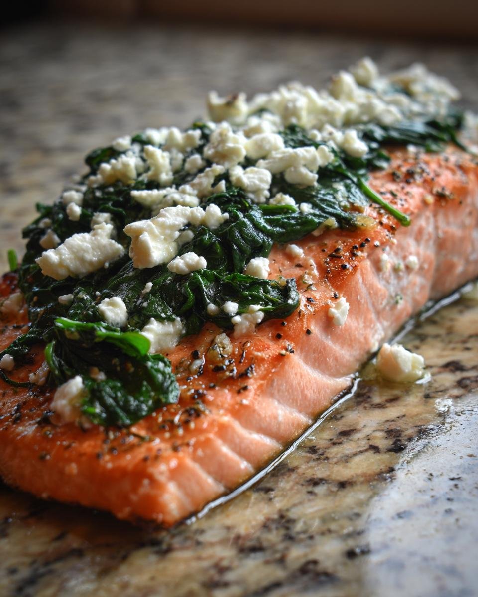 Close-up of Gebackener Lachs mit Spinat & Feta, showing the baked salmon topped with spinach and feta cheese.
