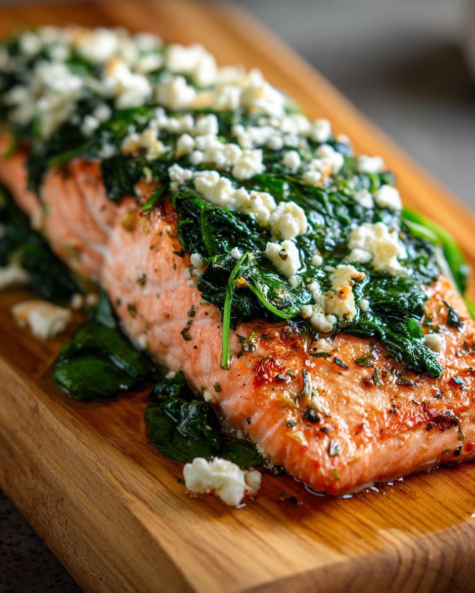 Close-up of Gebackener Lachs mit Spinat & Feta, a baked salmon dish with spinach and feta cheese topping.