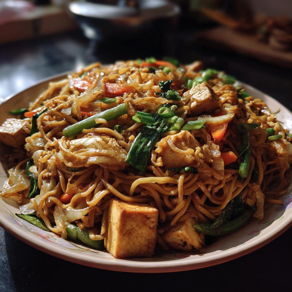 A plate of Gebratene Eiernudeln mit Tofu, featuring noodles, tofu cubes, and mixed vegetables.