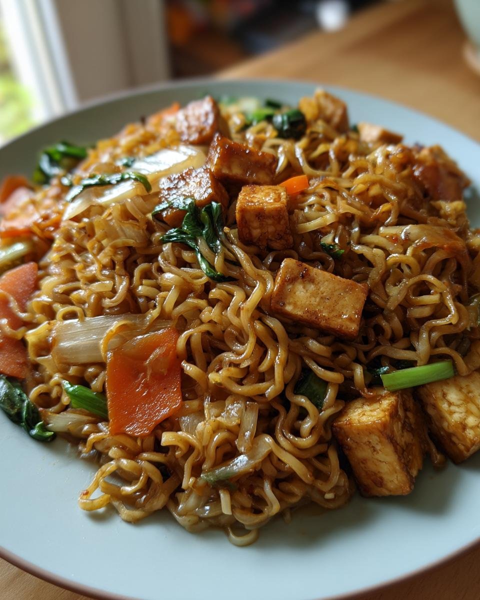 Teller mit Gebratene Eiernudeln mit Tofu, Karotten und Gemüse. Nahaufnahme.