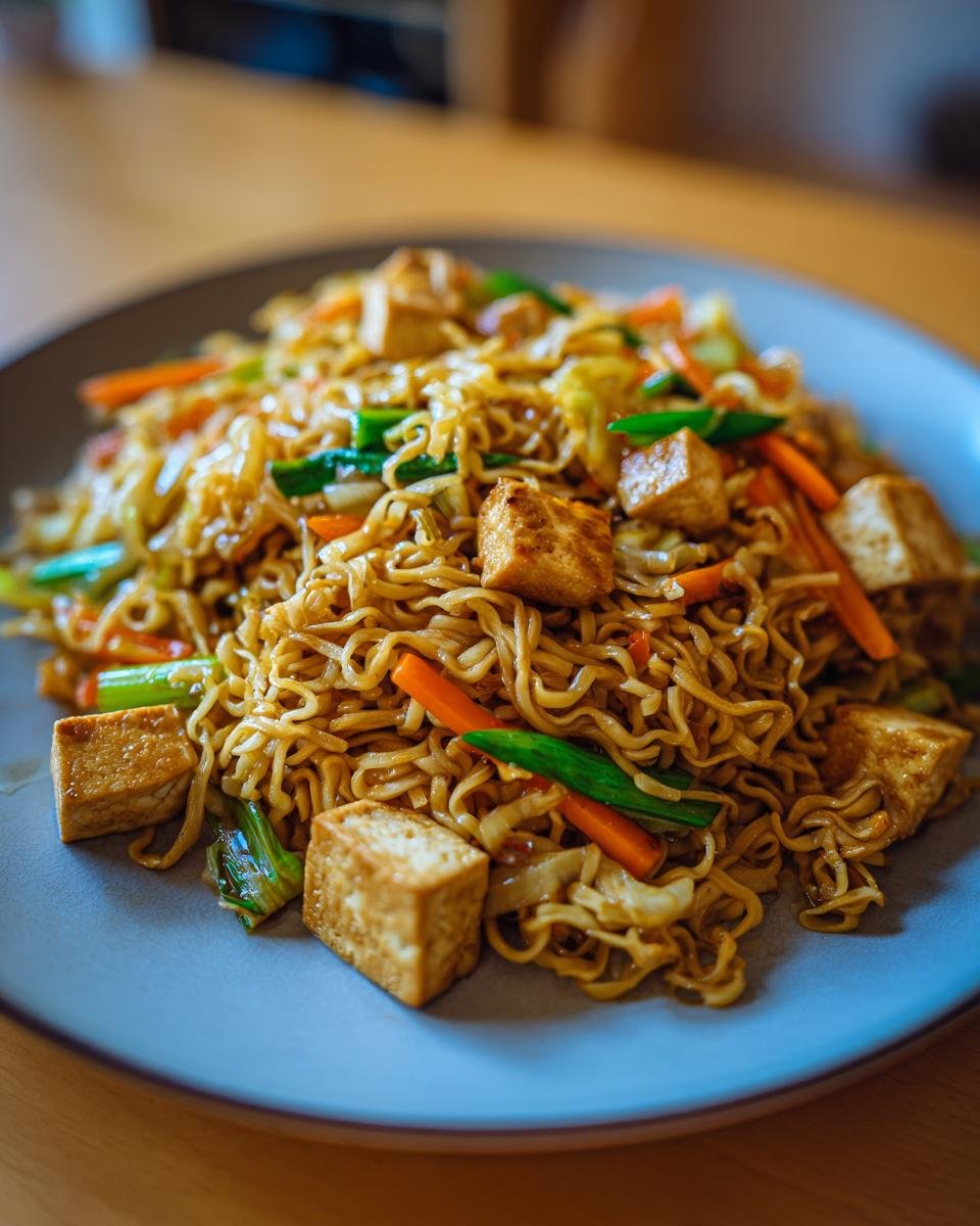 Teller mit Gebratene Eiernudeln mit Tofu, Karotten und Frühlingszwiebeln. Schnelle & Einfache Zubereitung.