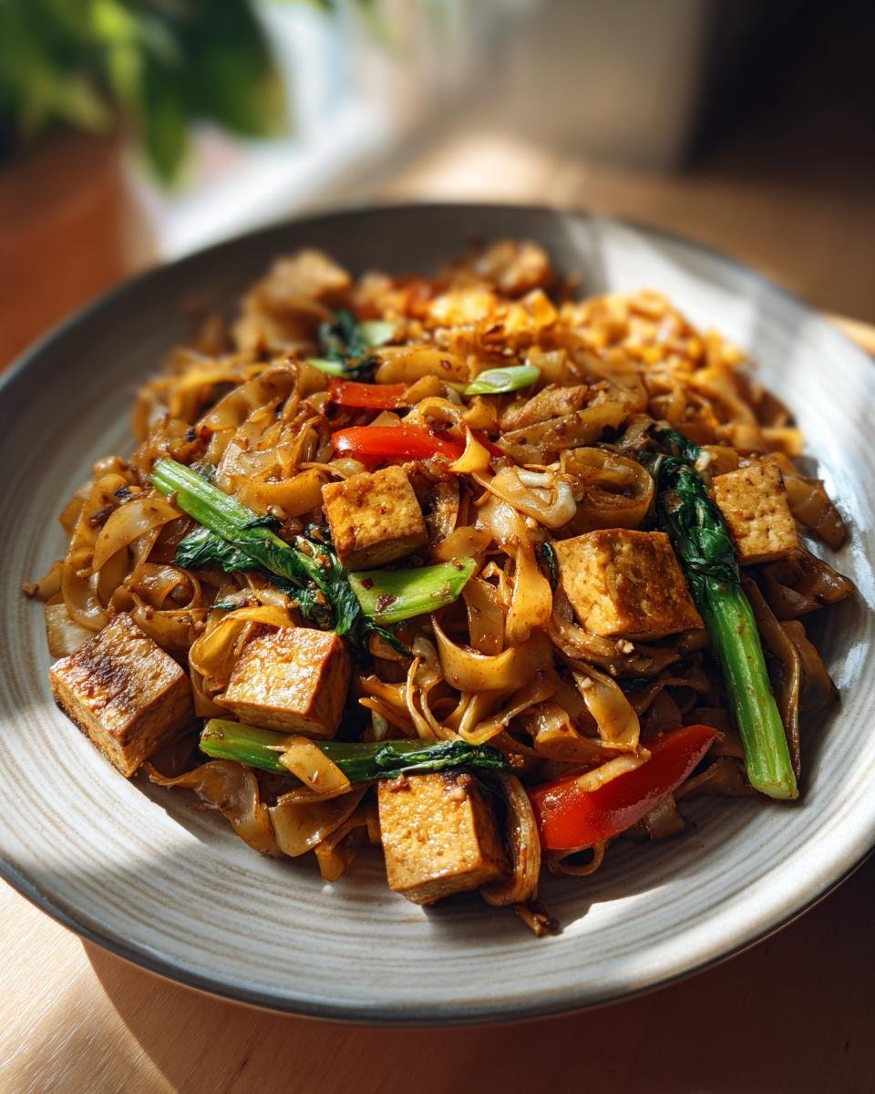 Teller mit Gebratene Eiernudeln mit Tofu, Paprika und Gemüse. Schnelle & Einfache Zubereitung.