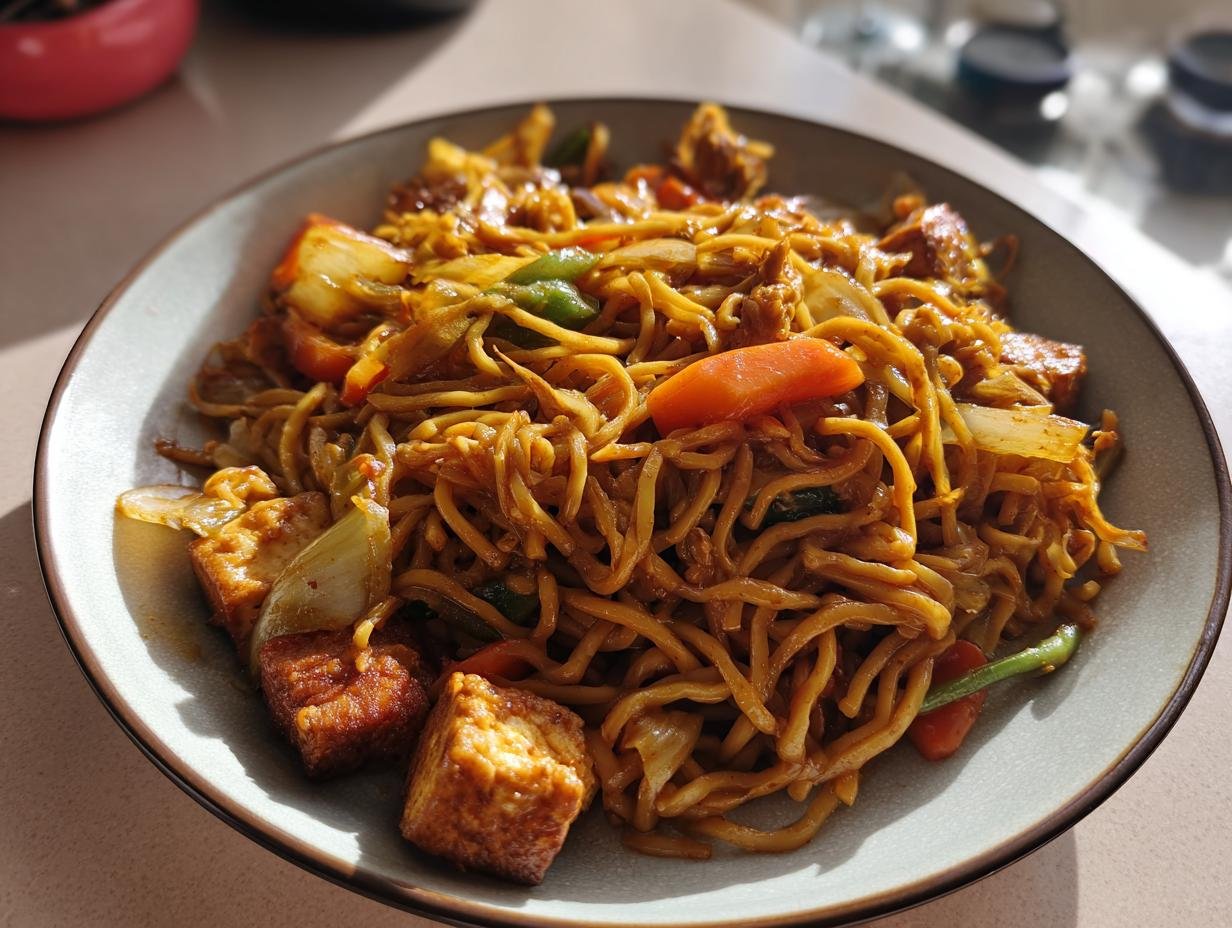 Teller mit Gebratene Eiernudeln mit Tofu, Karotten und Gemüse. Schnelle & Einfache Zubereitung.