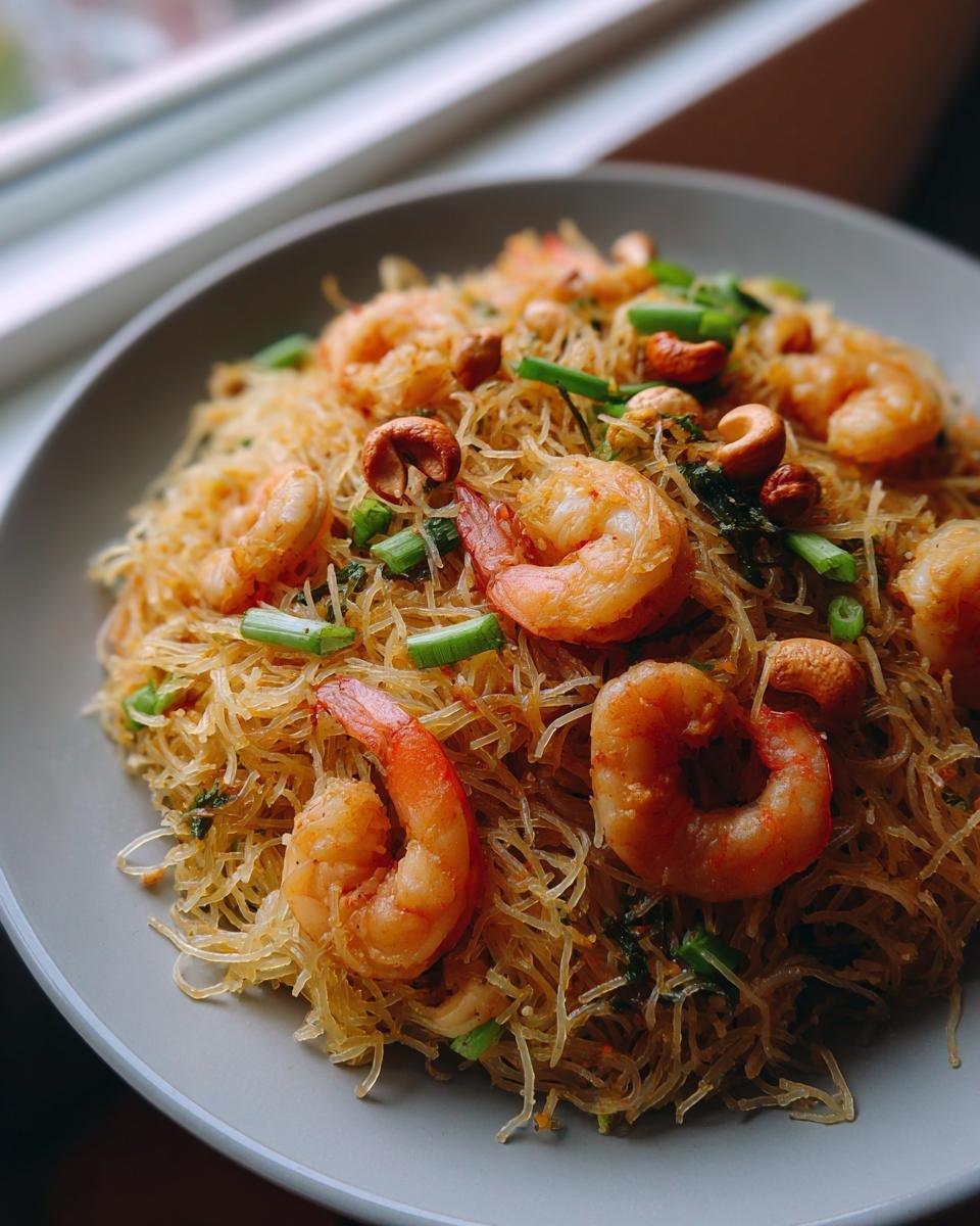Close-up of Gebratene Glasnudeln mit Garnelen, featuring glass noodles, shrimp, cashews, and green onions on a gray plate.