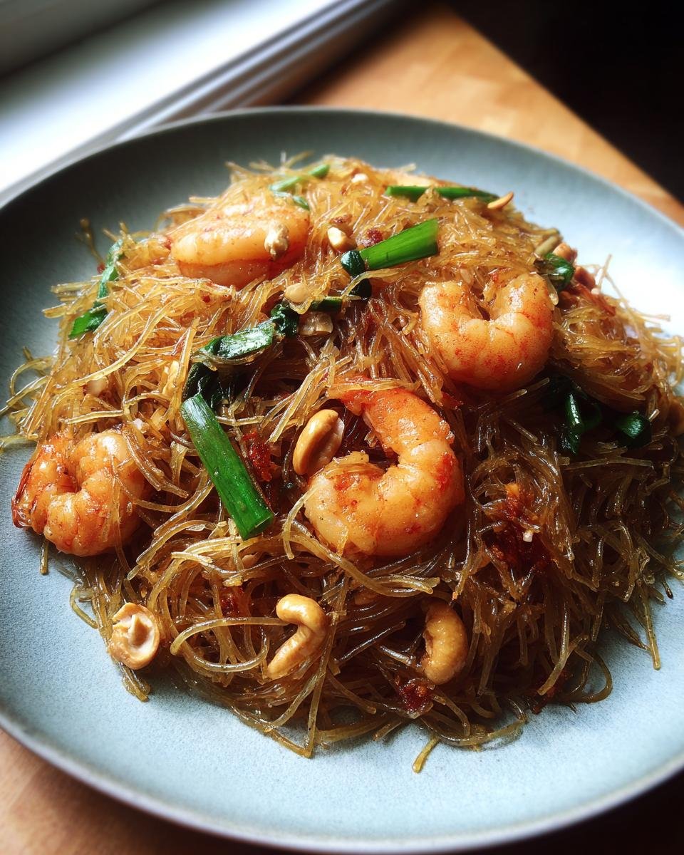 Close-up of Gebratene Glasnudeln mit Garnelen, featuring glass noodles, shrimp, green onions, and peanuts on a plate.