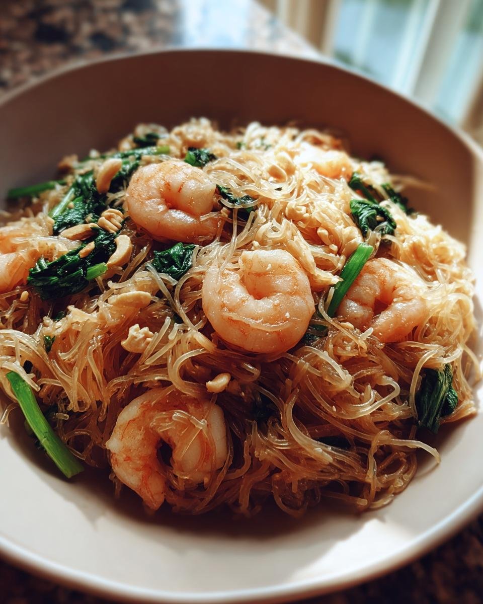 Close-up of Gebratene Glasnudeln mit Garnelen, featuring glass noodles, shrimp, and greens in a bowl.