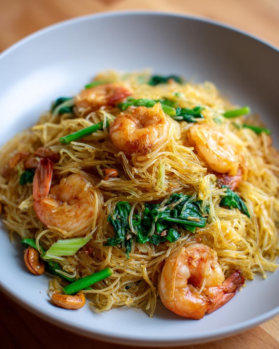 Close-up of Gebratene Glasnudeln mit Garnelen, featuring glass noodles, shrimp, and greens on a white plate.