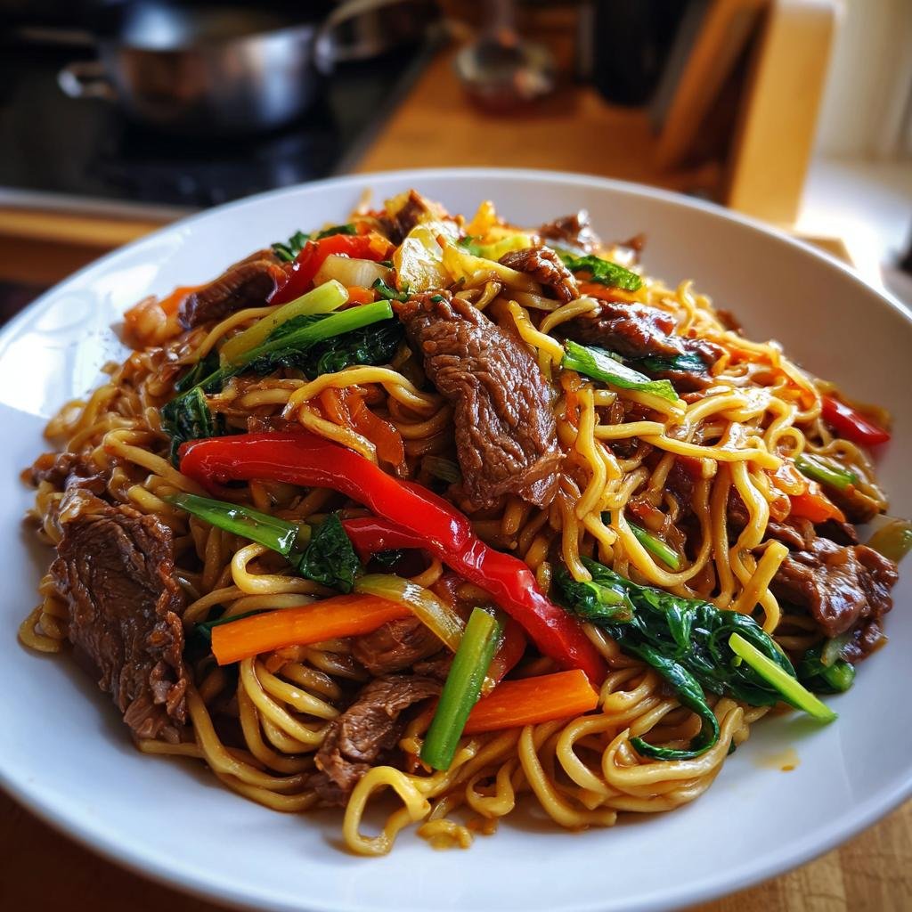 Delicious plate of Gebratene Mie Nudeln mit Rindfleisch, featuring beef and colorful vegetables.