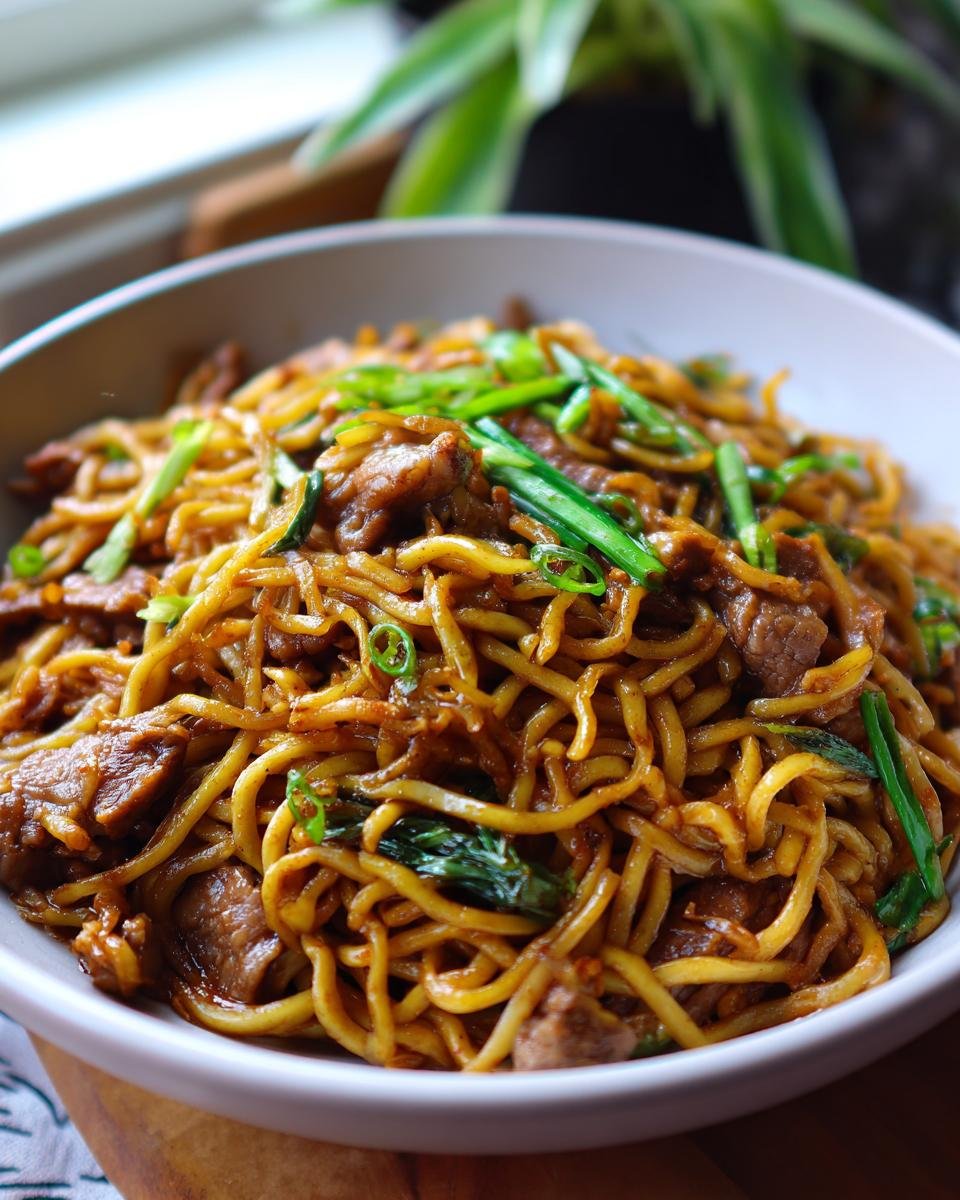 Close-up of Gebratene Nudeln mit Schweinefleisch (fried noodles with pork) garnished with green onions in a white bowl.