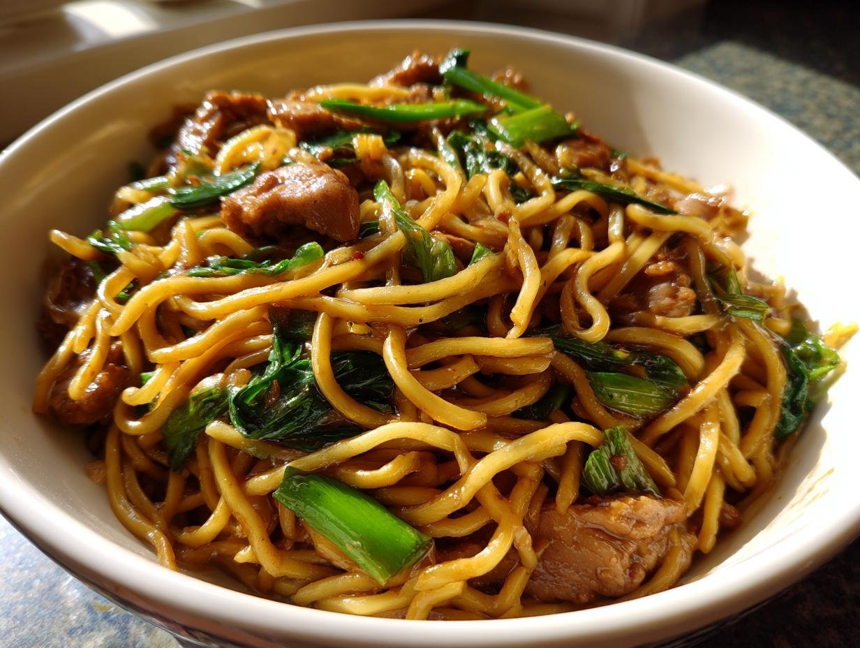 Close-up of Gebratene Nudeln mit Schweinefleisch (fried noodles with pork) in a white bowl, garnished with greens.