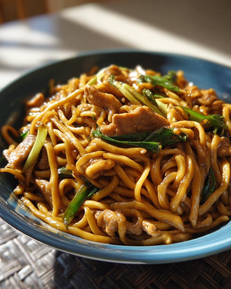 Close-up of Gebratene Nudeln mit Schweinefleisch (fried noodles with pork) in a blue bowl, garnished with green onions.