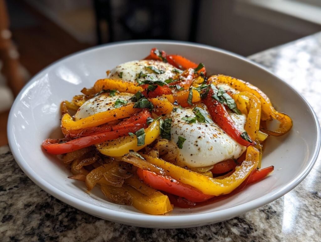 Close-up of Gebratene Paprika mit Mozzarella, featuring roasted peppers and mozzarella in a white bowl.