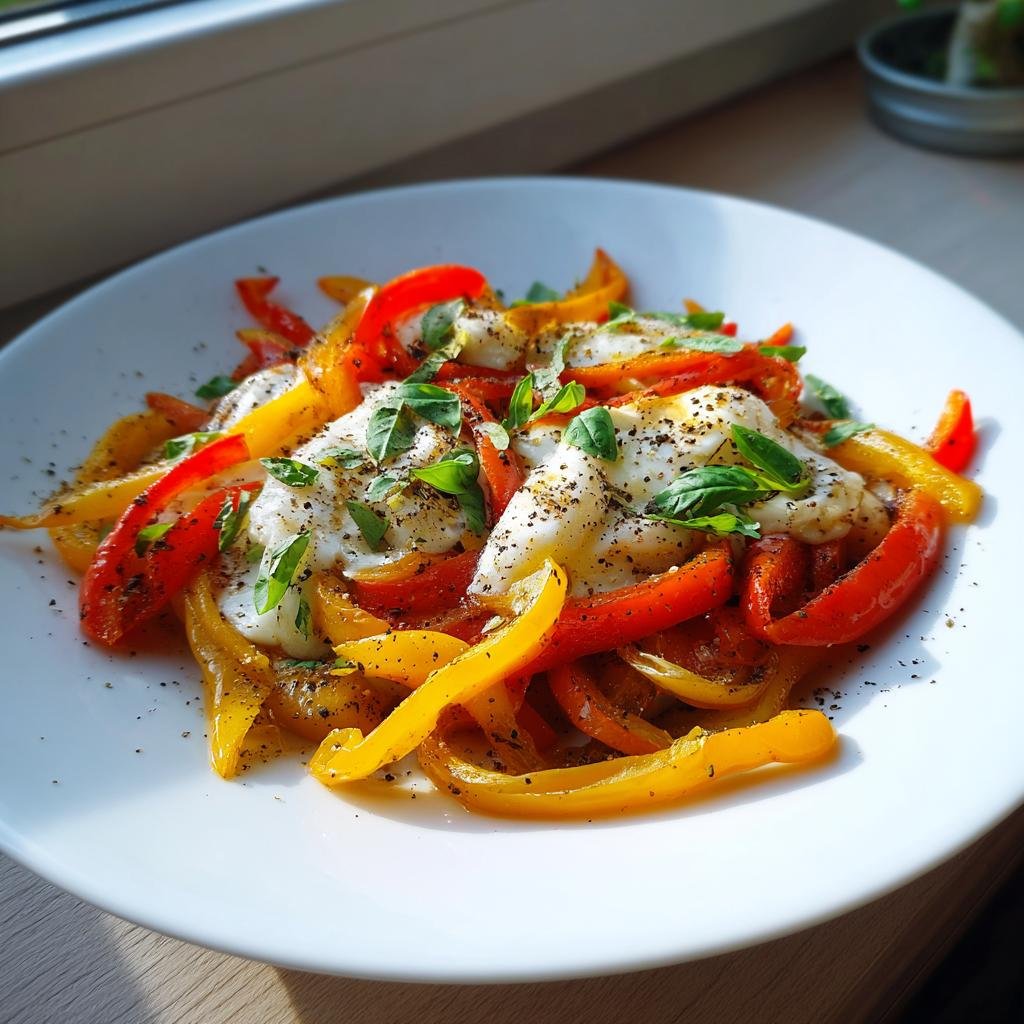 Close-up of Gebratene Paprika mit Mozzarella, featuring colorful roasted peppers, fresh mozzarella, and basil.