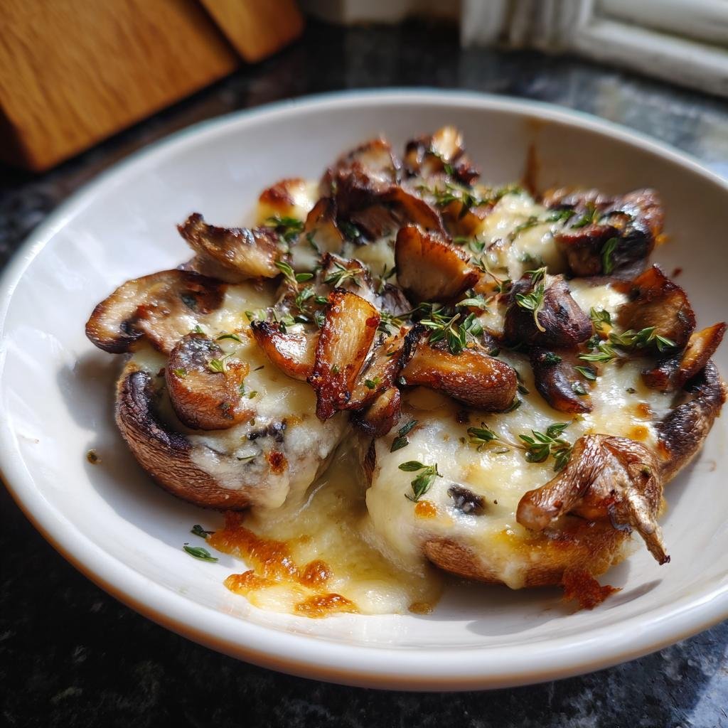 Close-up of Gebratene Pilze mit Camembert & Thymian, a simple German dish with mushrooms, cheese, and thyme.