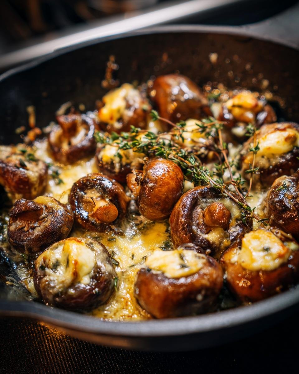 Gebratene Pilze mit Camembert & Thymian, serviert in einer schwarzen Pfanne. Nahaufnahme des einfachen Gerichts.
